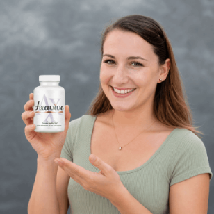 Satisfied customer holding Axavive while describing noticeable changes in skin smoothness and overall appearance